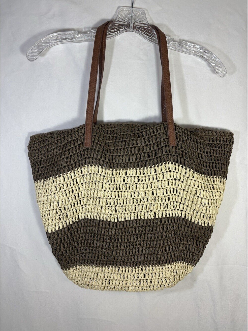 Old Navy Paper Straw Woven Tote Beach Bag Brown Cream Stripe Shoulder Large
